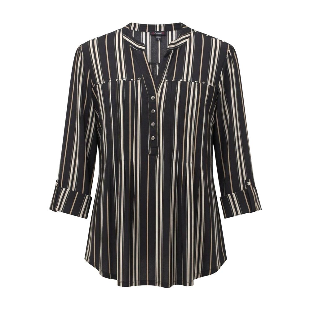 Cocomo Women's Size XL Black Beige Studded Stripe Print Pintuck 3/4 Sleeve Top